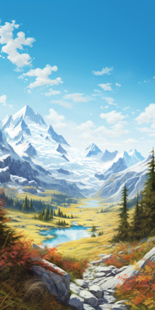 a mountain range in a landscape, inspired by kieron gillen's style, featuring ps1 graphics. the scene showcases lush landscape backgrounds with traditional landscapes, including snow scenes. the illustration is accurate and detailed, reminiscent of children's book illustrations. ai generatedの素材