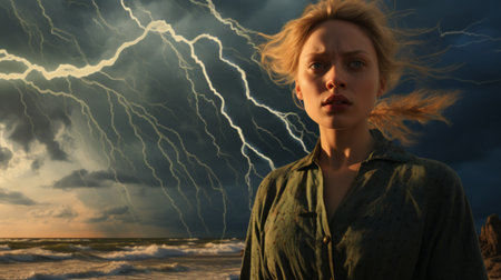 gwyneth paltrow, the swedish character, is captured in the storm in this atmospheric landscape photo. the image showcases a blend of light yellow and dark green tones, with realistic lighting that enhances the coastal scenes. the composition exudes a hyperrealistic fantasy vibe, reminiscent of botticelli-esque figures. shot with the sony fe 12-24mm f/2.8 gm lens. ai generatedの素材