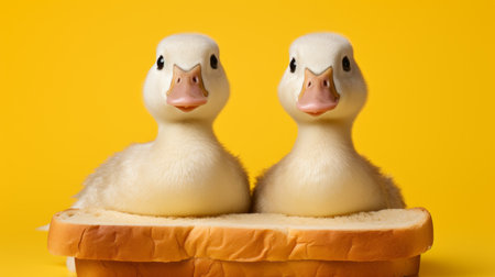 a duck sandwiched between two slices of bread, captured in a realistic and emotive portrait style. the unique composition features a cheese sculpture of the duck, along with animal figurines, showcasing stereotype photography. the image is presented in a two-dimensional format against a matte background, with vibrant yellow and pink tones. ai generatedの素材