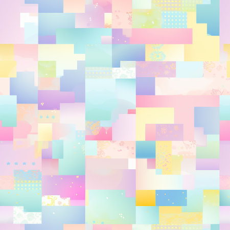an abstract pattern wallpaper featuring a colorful background inspired by the fairy kei style. the design incorporates pixelated abstraction, delicate ink washes, bright color blocks, and japanese-inspired motifs. the pattern consists of rectangular fields with soft crosshatchings, creating a visually captivating and unique aesthetic. ai generatedの素材