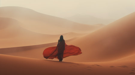 a woman gracefully traverses a desert landscape, surrounded by ethereal hues of light crimson and red. this captivating photo captures the essence of gauzy atmospheric landscapes, incorporating elements of daz3d and hurufiyya art styles. the woman's posture, draped in traditional attire, exudes a sense of poetic minimalism, creating a visually striking and evocative portrait. ai generatedの素材