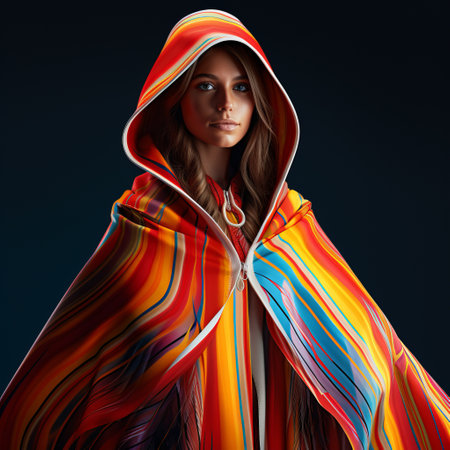 a woman wearing a vibrant, abstract hooded jacket stands out in this high-resolution photo. the jacket features bold, colorful lines reminiscent of the styles of artists like mike campau, james tissot, and fatima ronquillo. the flowing fabrics and limited color range add to the overall artistic appeal of the image. ai generatedの素材