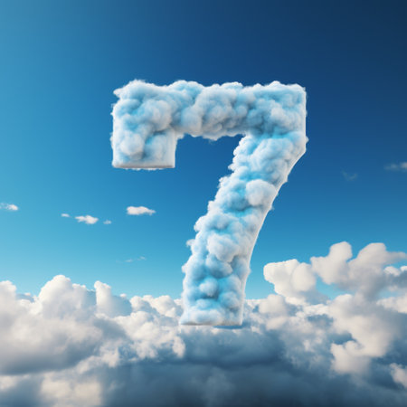 the number seven is depicted in the clouds against a vibrant blue sky backdrop. this artwork showcases intricate details and a photorealistic style, capturing the essence of numerical complexity. the iconic canon 7 camera is used to create this image, with letterboxing adding a unique touch. the use of zbrush enhances the three-dimensional quality of the artwork. ai generatedの素材