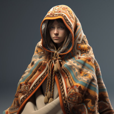a young girl model wearing a vibrant colored hood, showcasing realistic and hyper-detailed renderings. the style incorporates traditional motifs with a mix of light amber and gray tones. the use of vray enhances the intricate textile designs, resulting in wrapped and layered textures. ai generatedの素材