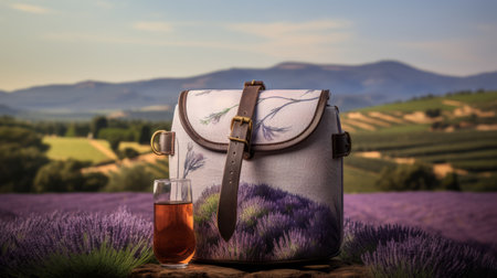 french cuisine wine accessories on a backpack: this photo showcases a backpack adorned with art inspired by the french cuisine. the design features a combination of light violet and dark amber colors, reminiscent of the southern countryside. captured using a hasselblad h6d-400c, the photorealistic rendering highlights nature-based patterns. the overall aesthetic exudes a feminine sensibility, complemented by the stunning mountainous vistas in the background. aiの素材