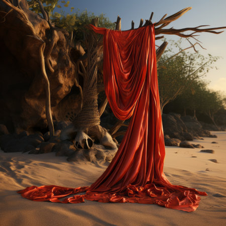 a red cloth rests gracefully on a beach stone, evoking a sense of fantasy and enchantment. this elaborate drapery, reminiscent of theatrical installations, adds a touch of wilderness to the dreamscape portraiture. bathed in golden light, this image captures the essence of a magical setting. ai generatedの素材