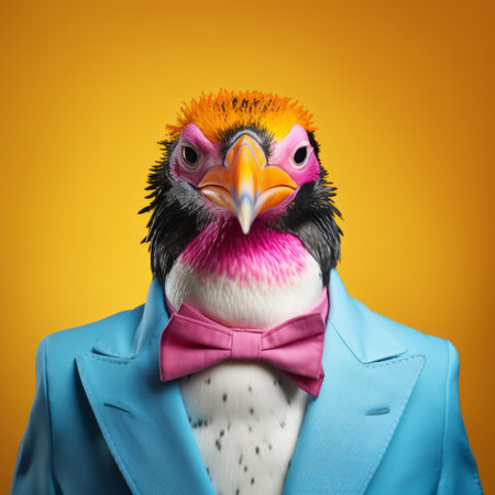 a penguin dressed in a suit and bow tie stands against an orange backdrop, creating a surreal fashion photography scene. the vibrant colors of magenta and aquamarine add an exotic touch, reminiscent of exotic birds. this contemporary realist portrait captures the penguin's photorealistic features, while the humorous tableau adds a touch of playfulness. the image is rendered in maya, showcasing the skillful execution of thisの素材