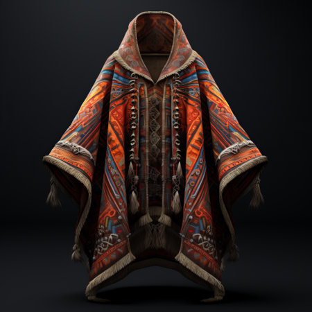 a cloakrobe with horns and tribal designs, rendered in cinema4d with realistic and hyper-detailed pixelated style. the cloakrobe features a dark orange and light indigo color scheme, showcasing texture-rich layers and hyper-realistic details. red threads add an additional touch of visual interest to the overall design. ai generatedの素材