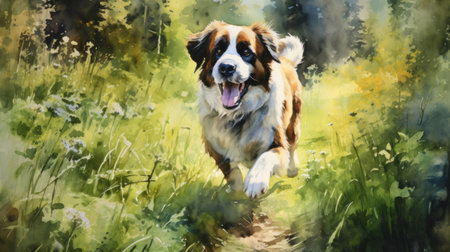 a watercolor painting of a bernese mountain dog dashing through a vibrant field of flowers. this realistic portrayal captures the interplay of light and shadow, showcasing the dog's dynamic movement amidst a pastoral scene. the artist's use of motion blur adds a sense of liveliness and energy to the painting, evoking the untamed wilderness. ai generatedの素材