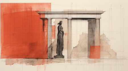the photo showcases a drawing by hawaiian sculptor duane wilson, featuring a classical architectural style with a combination of light red and dark gray tones. the drawing exhibits intricate details, a perspective rendering, and translucent layers created using ink and wash techniques. it incorporates influences from mycenaean art and follows a neoclassical composition. ai generatedの素材