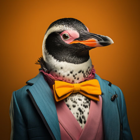 the penguin, dressed in an orange shirt, poses for a contemporary portrait photography session. the colorful costume adds vibrancy to the studio portrait, with shades of dark turquoise and light pink. the animalier theme is elegantly formal, capturing the hyperrealistic beauty of marine life. ai generatedの素材