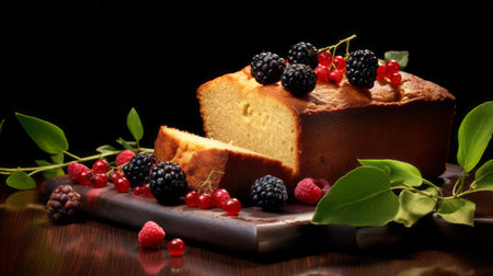 a delicious piece of cake adorned with blackberries, sour cherries, and various other fruits is beautifully presented on a rustic wooden board. the bold lines and vibrant colors of this photograph capture the luminous quality of the fruits. with a touch of historical significance reminiscent of the sabattier effect and the use of a leica i camera, this image showcases highly detailed foliage. perfect forの素材