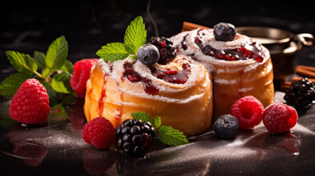 a white pastry adorned with fresh berries and sprinkled with brown sugar is beautifully presented on a sleek black plate. the pastry is shaped in elegant spirals, creating a visually appealing display. this captivating image, captured by svetlin velinov using a rodenstock imagon 300mm f58 lens, showcases a stunning combination of dark magenta and dark emerald hues. the composition is further enhanced with touches ofの素材