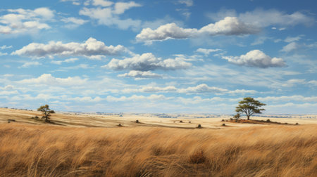tall grass in the field, resembling australian landscapes, captured in a realistic and detailed rendering. the photo showcases expansive skies and a referential painting style, reminiscent of national geographic photos. it beautifully depicts rural life and offers a captivating panorama of the scene. ai generatedの素材