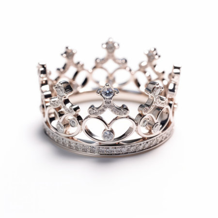 a diamond crown, designed with simplicity, is showcased against a white background. this lensbaby optics-inspired piece features sterling silver highlights, evoking a sense of aristocracy. with influences from hallyu and fairytale-inspired aesthetics, this crown exudes elegance. captured with frottage technique, the image is rendered beautifully at iso 200. ai generatedの素材