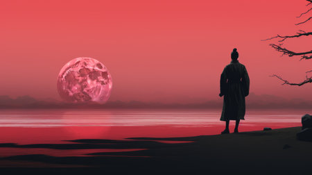 a man stands in a field, gazing at a vibrant orange moon, reminiscent of kabuki theater. the scene is adorned with shades of pink and crimson, showcasing a conceptual minimalism approach. this stunning image, captured in 8k resolution, evokes a sense of historical illustration and draws inspiration from traditional oceanic art, as seen in the works of aleksi briclot. ai generatedの素材