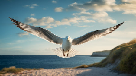 a seagull gracefully soars through the sky, captured in a beach portrait style. this vibrant image, created using vray tracing and tilt-shift lenses, showcases the seagull's flight in stunning 8k resolution. inspired by the works of carel willink, this photo exudes a sense of joy and optimism. ai generatedの素材