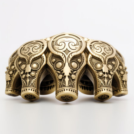 a bracelet featuring three elephants in the style of vray tracing and dayak art. the detailed textures showcase the intricate craftsmanship, while the mushroomcore and brass elements add a unique touch. inspired by aleksandr deyneka, the bracelet stands out with its striking symmetrical patterns. ai generatedの素材