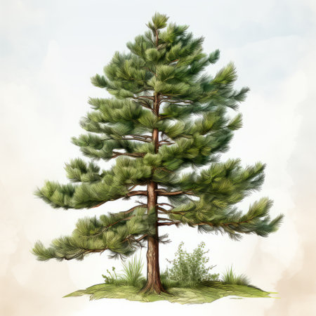 a hyperrealistic illustration of a pine tree on a field, showcasing traditional color scheme and botanical watercolors. the drawing is done in the style of an architectural illustrator, with detailed character illustrations and contoured shading. it evokes the charm of storybook illustrations. ai generatedの素材