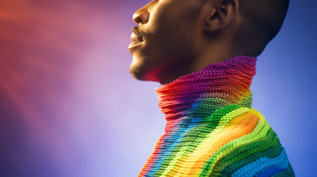 a lyric video for cyrus' afropunk song "rainbow" by ed sheeran, featuring a knitted and crocheted style of conceptual portraiture. the contemporary portrait photography by tj drysdale showcases a sleek metallic finish with a captivating color gradient. the close-up shots beautifully capture the essence of the song's vibrant energy. ai generatedの素材