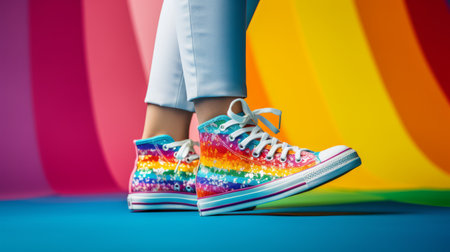a woman stands in front of a vibrant rainbow background, wearing converse high tops. this photorealistic image by mike campau showcases bold colors and patterns, with a limited color range. the uhd image is pixel perfect, capturing every detail in a sparkling style known as sparklecore. ai generatedの素材