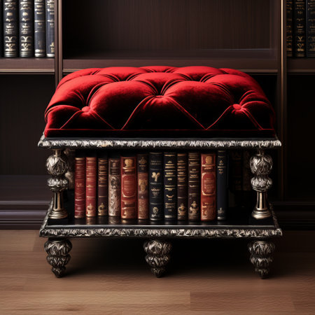 the velvet ottoman, designed in the style of carved books, features a captivating combination of dark silver and light red hues. the realistic still lifes captured with dramatic lighting create a study place with a cabincore aesthetic. this photo is available under the creative commons attribution license, exuding a retro charm. ai generatedの素材
