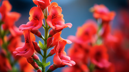 the photo showcases a vibrant display of blooming red flowers, captured using the soft-focus technique. the image beautifully captures the realistic usage of light and color, highlighting the artistic style of sumatraism. shot with a topcor 58mm f14 lens, the uhd quality image showcases the flowers' bright glazes in light indigo and orange hues. ai generatedの素材