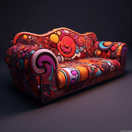 the couch is a colorful piece of furniture adorned with a multitude of wavy patterns, reminiscent of hyperrealistic fantasy and whimsical cartoons. this unique design, inspired by the works of slawomir maniak, showcases a combination of dark crimson and orange hues. the contemporary candy-coated appearance is enhanced by highly detailed illustrations, creating a visually captivating piece. ai generatedの素材