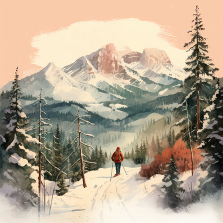 a woman gracefully walks through a picturesque snow-covered landscape, depicted in a captivating digital painting style. the warm color palette enhances the beauty of the ink-wash landscape, showcasing stunning mountainous vistas. this image is reminiscent of forestpunk and editorial illustrations, capturing the essence of the untamed wilderness. ai generatedの素材
