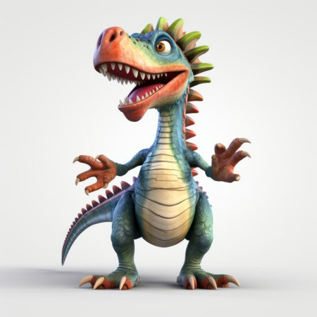 a cartoon dinosaur, rendered in maya, is depicted in a realistic and hyper-detailed style. the dinosaur is looking towards the audience, showcasing playful character designs. the caricature-like rendering, inspired by bill gekas, stands out against a white background. ai generatedの素材