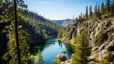a stunning photograph captures a picturesque green landscape adorned with majestic pine trees and a serene lake. the image exudes the iconic rock and roll imagery, influenced by precisionism and the sublime wilderness. it reflects the essence of california plein air, reminiscent of the beauty found in both the northern and southern dynasties. the vibrant colors of nature, ranging from dark gray to cyan, addの素材