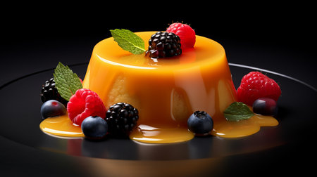 a hot pudding with fresh berries, orange, honey, and cinnamon garnish is showcased in this isolated vector photo. the photo is rendered in the style of unreal engine and zbrush, featuring wet-on-wet blending and highly polished surfaces. the use of innovative techniques brings out the delectable details of this mouthwatering dessert. ai generatedの素材