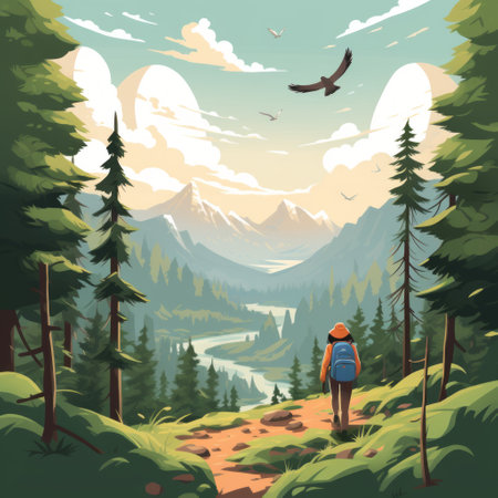 a vector clipart illustration featuring a backpacker in the mountains, resembling realistic bird paintings. this high-quality photo showcases a serene atmosphere with an atmospheric perspective. the artwork is in 8k resolution, combining elements of naive art and the juxtaposition of metropolis and nature. perfect for creating a captivating poster. ai generatedの素材