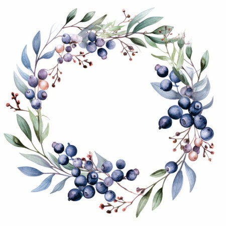 a watercolor wreath of blueberries, showcasing nature-inspired compositions and naturalistic depictions of flora and fauna. the subtle color gradations in navy and blue create a joyful celebration of nature. this artwork also incorporates native australian motifs, displaying a skillful composition. ai generatedの素材