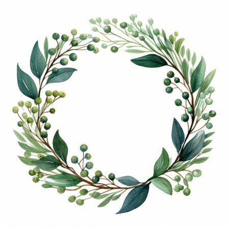 a beautiful watercolor wreath featuring intricate compositions of green, yellow, and red eucalyptus leaves. this elegant illustration showcases the emerald style with subtle tonal values and elaborate borders. the whimsical and decorative paintings capture the detailed and intricate nature of the green-themed artwork. ai generatedの素材