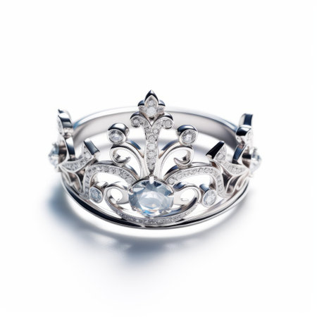 a woman adorned with a crown and diamond ring poses against a white background. this meticulously crafted fantasy-style image exudes a light silver hue, embodying the essence of princecore. with a hazy and dreamlike quality, the photo captures an award-winning portrayal of rounded and exaggerated nobility. ai generatedの素材