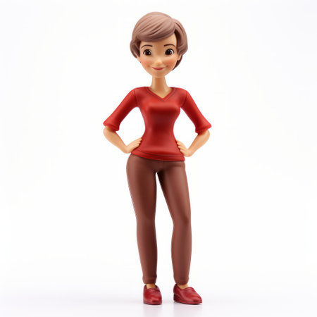 a 3d male woman with red and brown hair stands on a white background, showcasing the character design inspired by miki asai. this vibrant image captures the essence of disney animation with a normcore style. the glossy finish enhances the dark beige and magenta tones, while the lively movement portrayal adds an extra touch of energy. ai generatedの素材