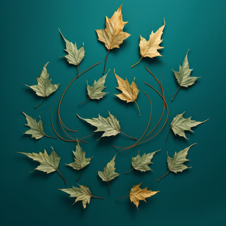golden maple leaves arranged in a circular pattern, crafted from sculptural paper constructions in dark cyan and emerald hues. this environmental portraiture captures the graceful movement of minimalistic objects, creating an intriguing visual with swirling vortexes and odd juxtapositions. ai generatedの素材