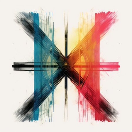 a multi-colored abstract painting created with brushes and paint, showcasing a unique style inspired by technological symmetry. the artwork features crossed colors and draws influence from artists such as conrad roset and dan mumford. the composition incorporates elements of cross processing, extreme angles, and a lightbox effect. ai generatedの素材
