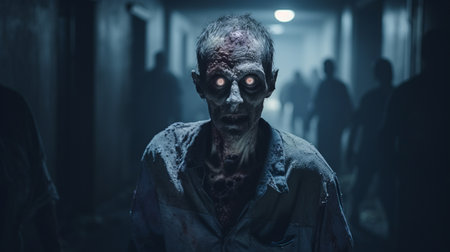 a zombie, with exaggerated facial features, is seen walking along a dark street in an imaginative prison scene. the photo showcases a color palette of navy and aquamarine, creating a mysterious and eerie atmosphere. the warmcore effect adds a touch of intensity, while the solarization technique enhances the overall visual impact. the c-mount lens used in capturing this image ensures exacting precision in every detail.の素材