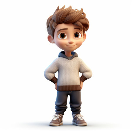 a portrait of a cute cartoon boy, dressed in a sweater and jeans, wearing sneakers. the boy is depicted with his hands by his side, in a style reminiscent of vray tracing. the figure is sculpted with light brown and white colors, and the design is charmingly cartoonish. this life-size composition is created by the talented artist, eduard cortes. ai generatedの素材