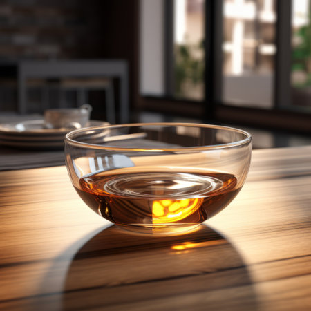 a wooden table featuring a glass bowl is captured in this photo, showcasing the artistic style of ray tracing and photo-realistic techniques. the amber hue of the bowl adds a touch of warmth, while the composition highlights environmental awareness. the image is characterized by fluid and loose elements, with a low depth of field that creates a realistic effect. ai generatedの素材
