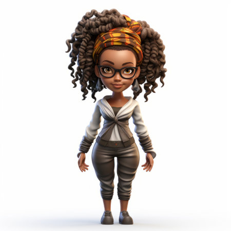 cartoon 3d afro american woman standing on a white background. the image showcases a highly realistic style, with lit kid, rinpa school influences. this uhd image features xbox 360 graphics, woven-perforated details, and realistic brushwork. ai generatedの素材