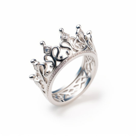 a crown-shaped ring adorned with diamonds and crafted in gold is showcased in this kazuki takamatsu photograph. set against a white background, the matte photo features high-key lighting and an iso of 200. the intricate details of the ring are highlighted through crosshatching, creating a fairy tale-like aesthetic. ai generatedの素材