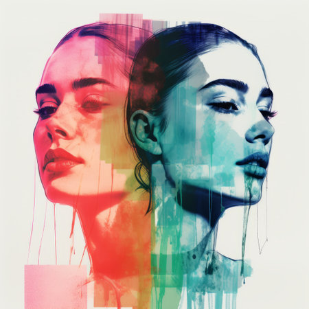 the photo features a vibrant and emotionally charged illustration of a female face. the double exposure style creates a captivating effect with different colors and a hyper-realistic water element. the split toning technique enhances the visual impact, while the juxtaposed hues and bold chromaticity add a striking touch. the color splash further intensifies the overall composition. ai generatedの素材