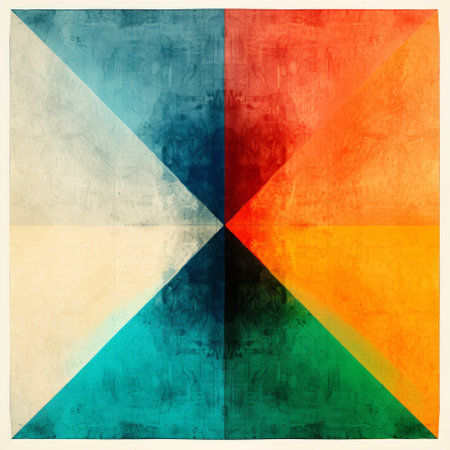 a large canvas format showcases a triangular shape painted with bold color blocks in the style of cross-processed film. the calming symmetry of this lithograph is enhanced by the vibrant teal and orange hues, creating a captivating display reminiscent of symbolist watercolors. ai generatedの素材