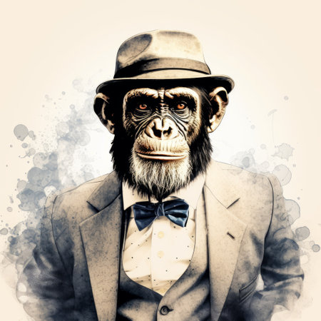 a chimp wearing a suit and tie, complete with a hat, stands confidently amidst a crashing water wave. this unique artwork combines elements of conceptual street art, vintage portraiture, and watercolor techniques. the chimp's epic and elegant appearance, along with the studio-like setting, adds a touch of sophistication to the overall street art vibe. ai generatedの素材
