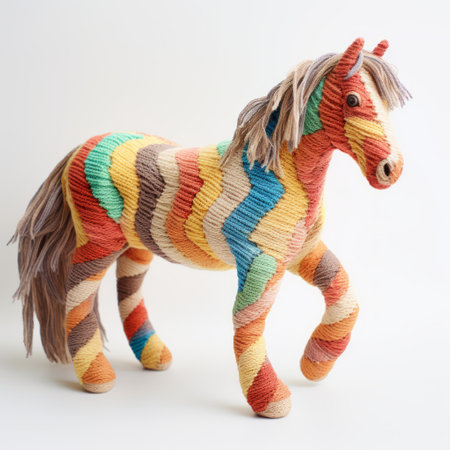 a decorative tiedyed horse made of yarn in color stripes, resembling hyperrealistic sculptures. this playful and cartoonish sculpture is created using found objects, interlaced figures, embroidery, terracotta, and knitted and crocheted techniques. ai generatedの素材