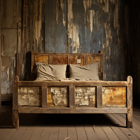 a bed in a room with a smashed window, showcasing rustic materiality inspired by ancient chinese art, primitive folk art, and rough hewn surfaces. the scene evokes post-apocalyptic backdrops with vibrant woodcarvings and softbox lighting. ai generatedの素材