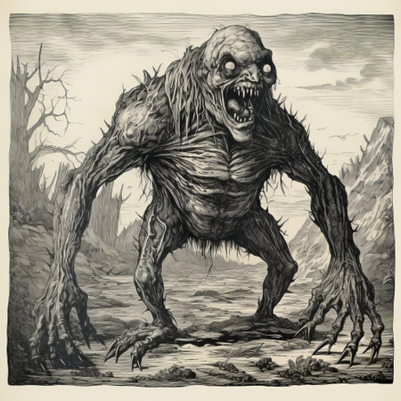 a large monster, reminiscent of highly detailed illustrations by ink wash painter alson skinner clark, emerges in the middle of a dense wooded area. this captivating scene, created using zbrush and inspired by artists such as emek golan and theodore gricault, showcases intricate details and is presented in high resolution. ai generatedの素材